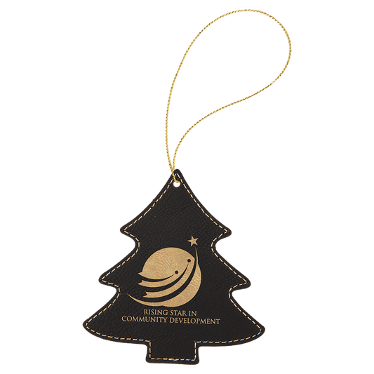 Black/Gold Laserable Leatherette Tree Ornament with Gold String