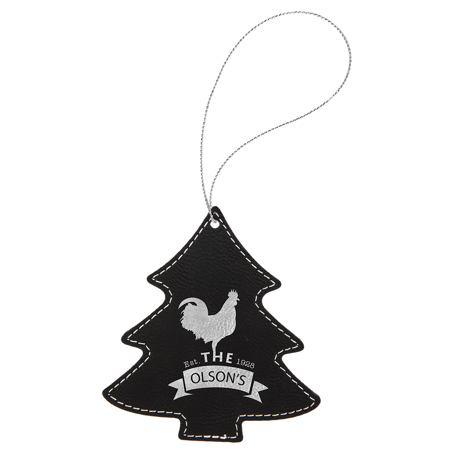 Black/Silver Laserable Leatherette Tree Ornament with Silver String