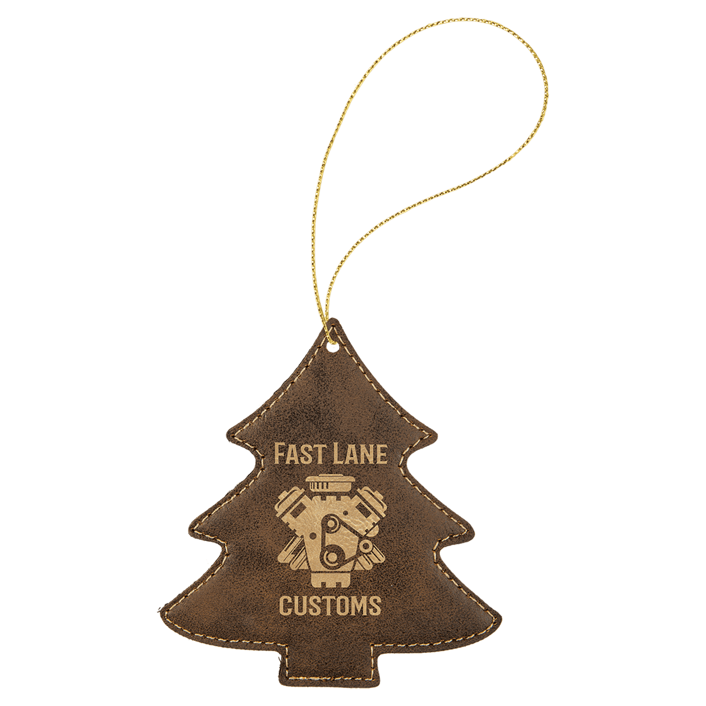 Rustic/Gold Gold leatherette tree ornament laser engravable personalized holiday keepsake
