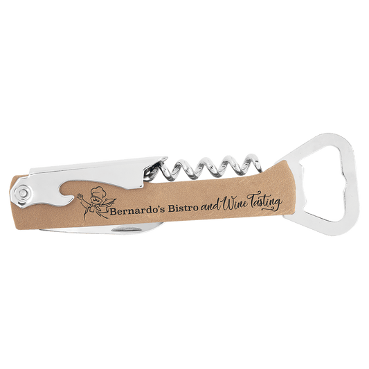 Personalized leatherette wine bottle opener with custom engraved name or monogram
