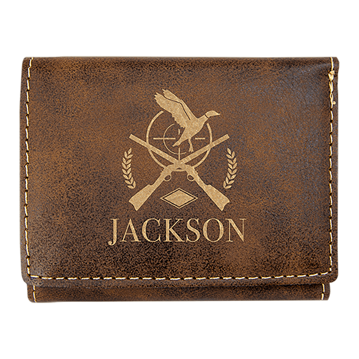 Rustic/Gold laser engravable leatherette trifold wallet personalized gift