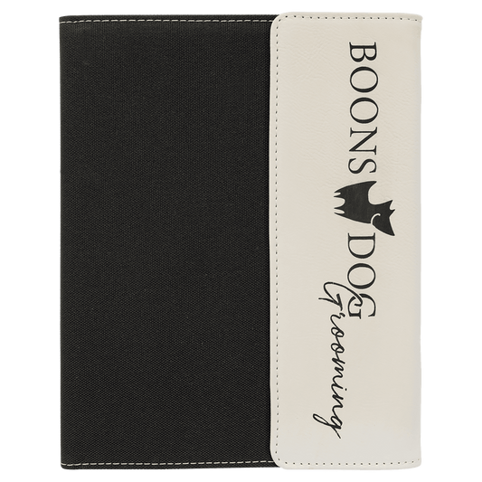 7" x 9" White Laserable Leatherette / Black Canvas Portfolio with Notepad