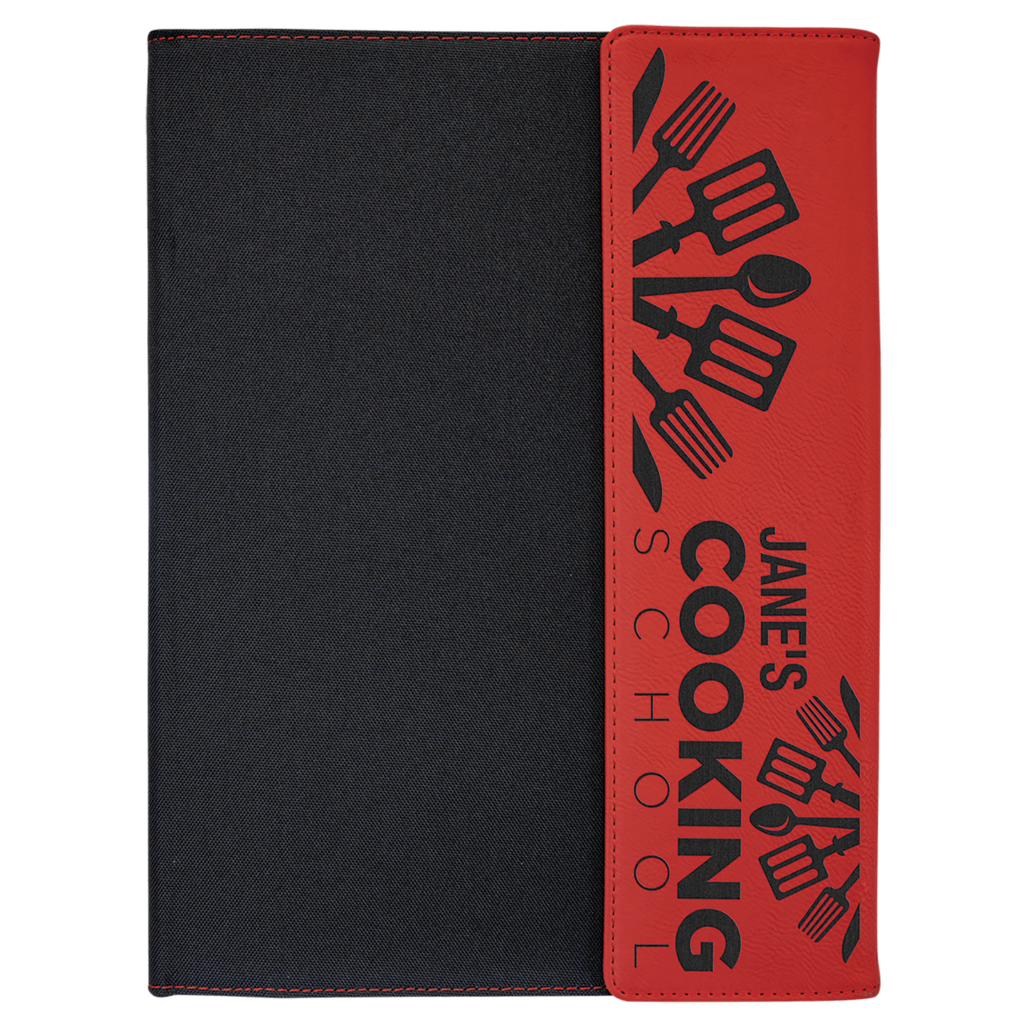 9 1/2" x 12" Red Laserable Leatherette / Black Canvas Portfolio with Notepad