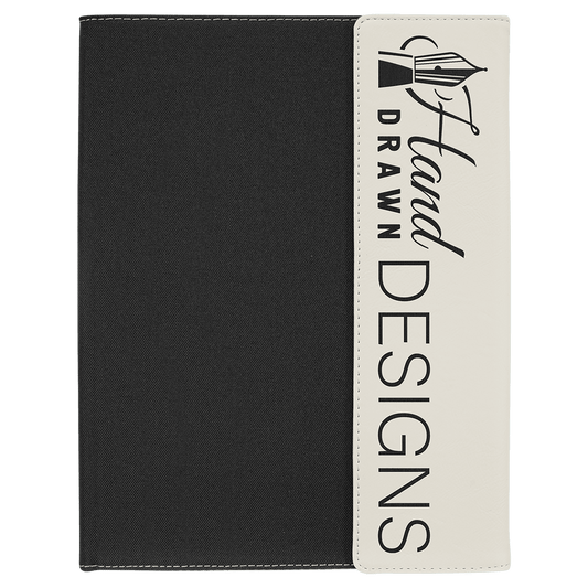 9 1/2" x 12" White Laserable Leatherette / Black Canvas Portfolio with Note Pad