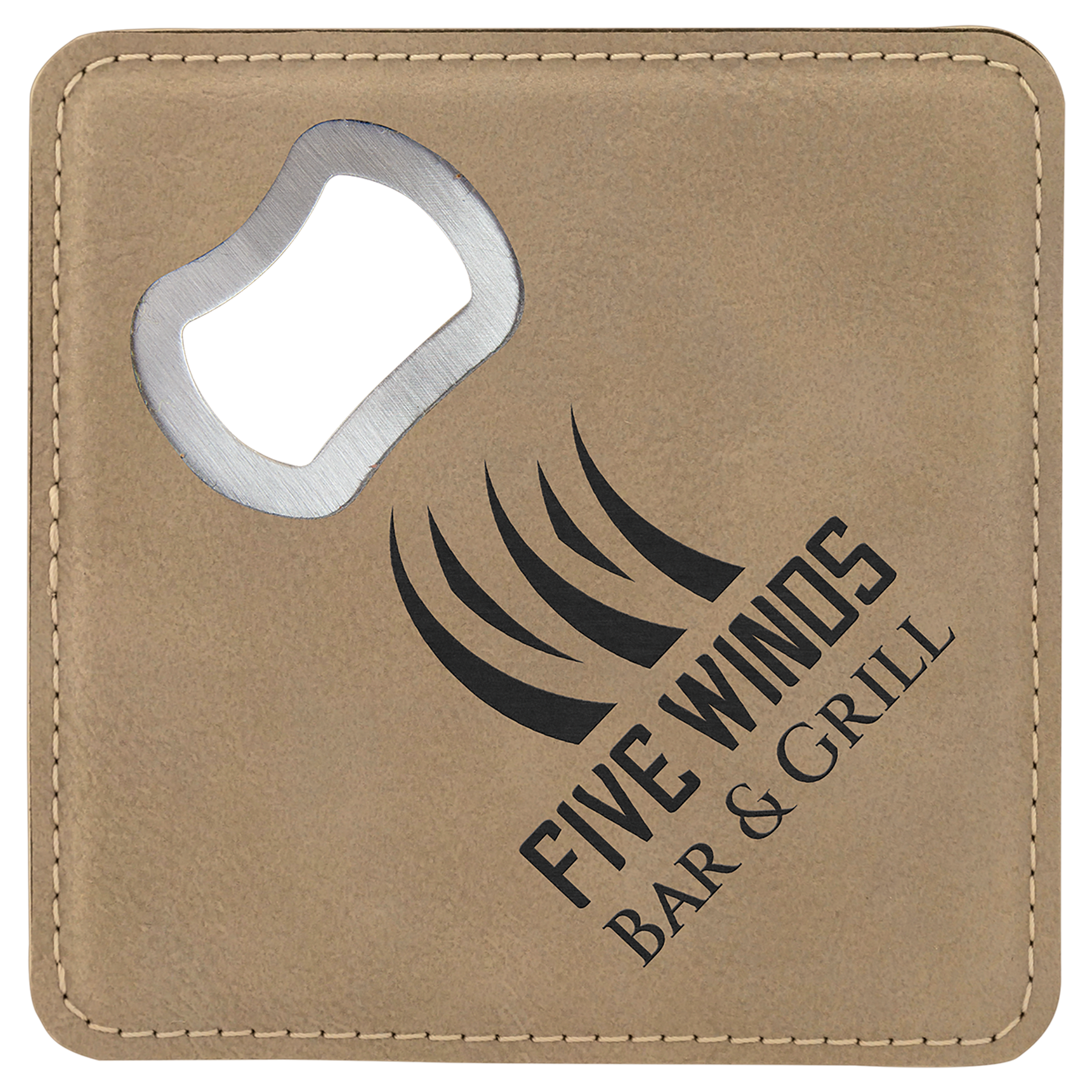 Personalized 4 inch leatherette coaster with built-in bottle opener and custom engraved name or monogram