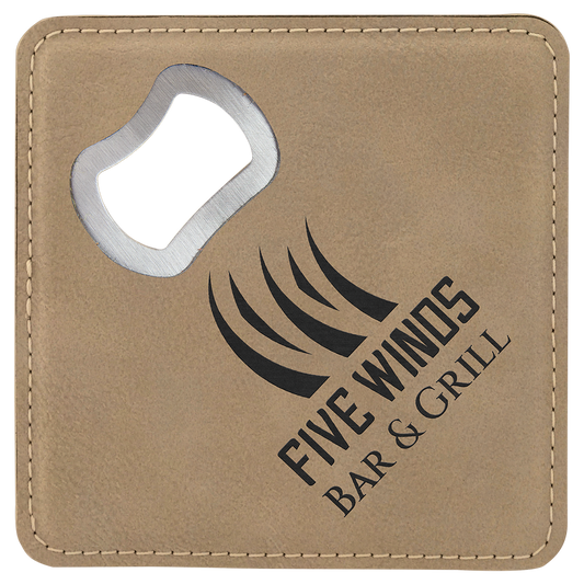 Personalized 4 inch leatherette coaster with built-in bottle opener and custom engraved name or monogram