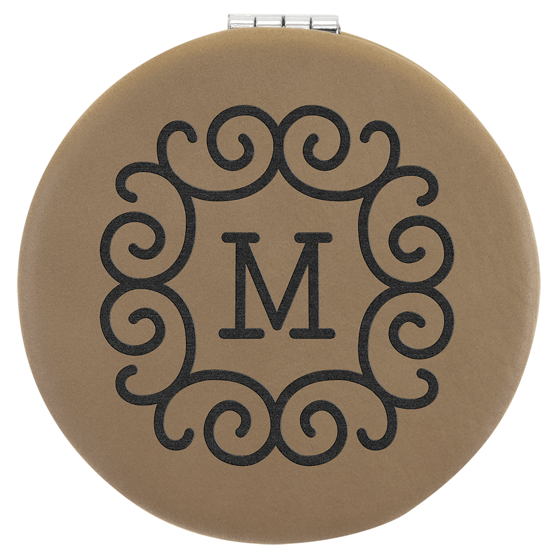 Light Brown 2 1/2" laser engravable leatherette compact mirror personalized gift