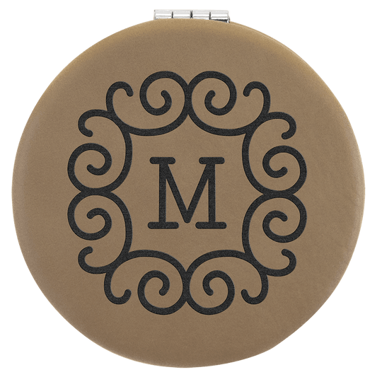 Light Brown 2 1/2" laser engravable leatherette compact mirror personalized gift