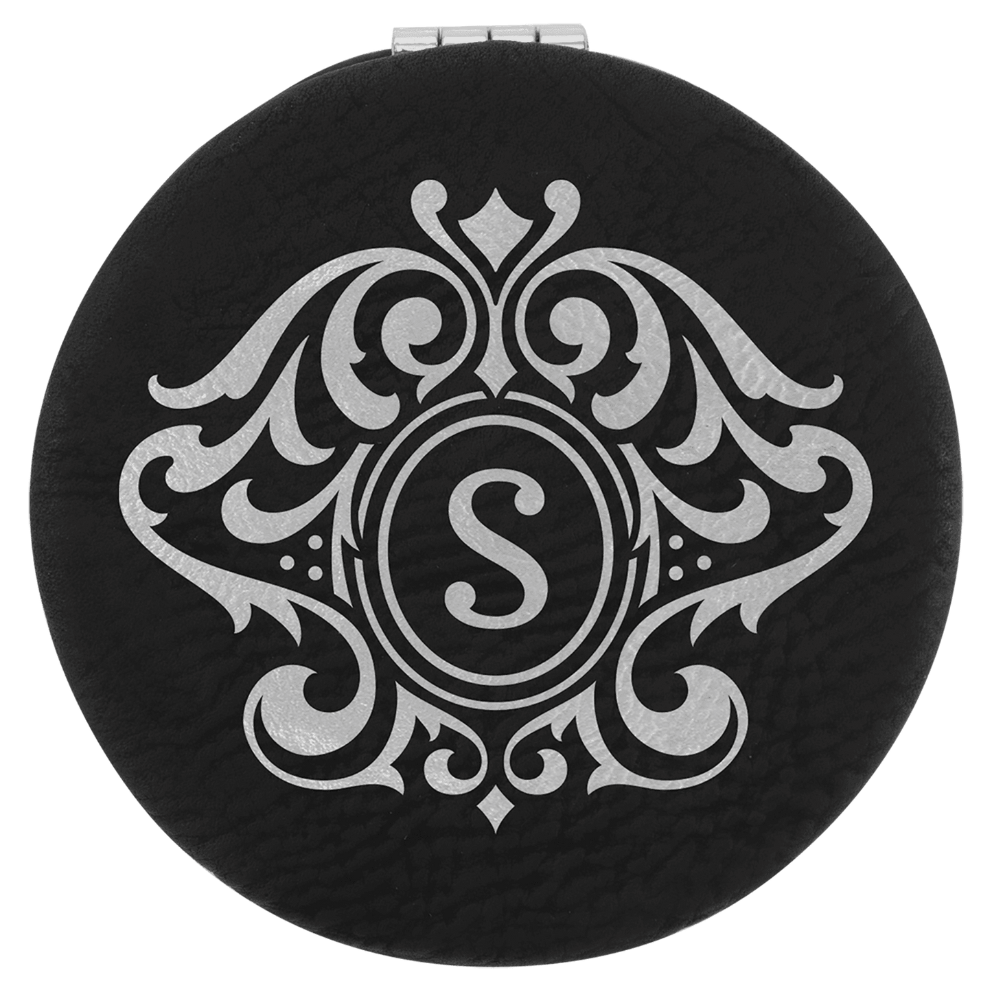 Black/Silver 2 1/2" laser engravable leatherette compact mirror personalized gift