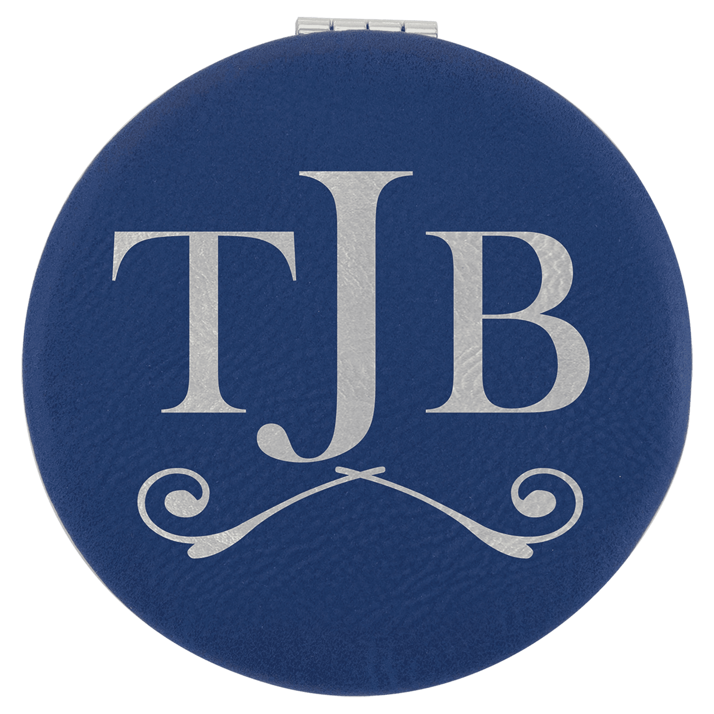 Blue/Silver 2 1/2" laser engravable leatherette compact mirror personalized gift