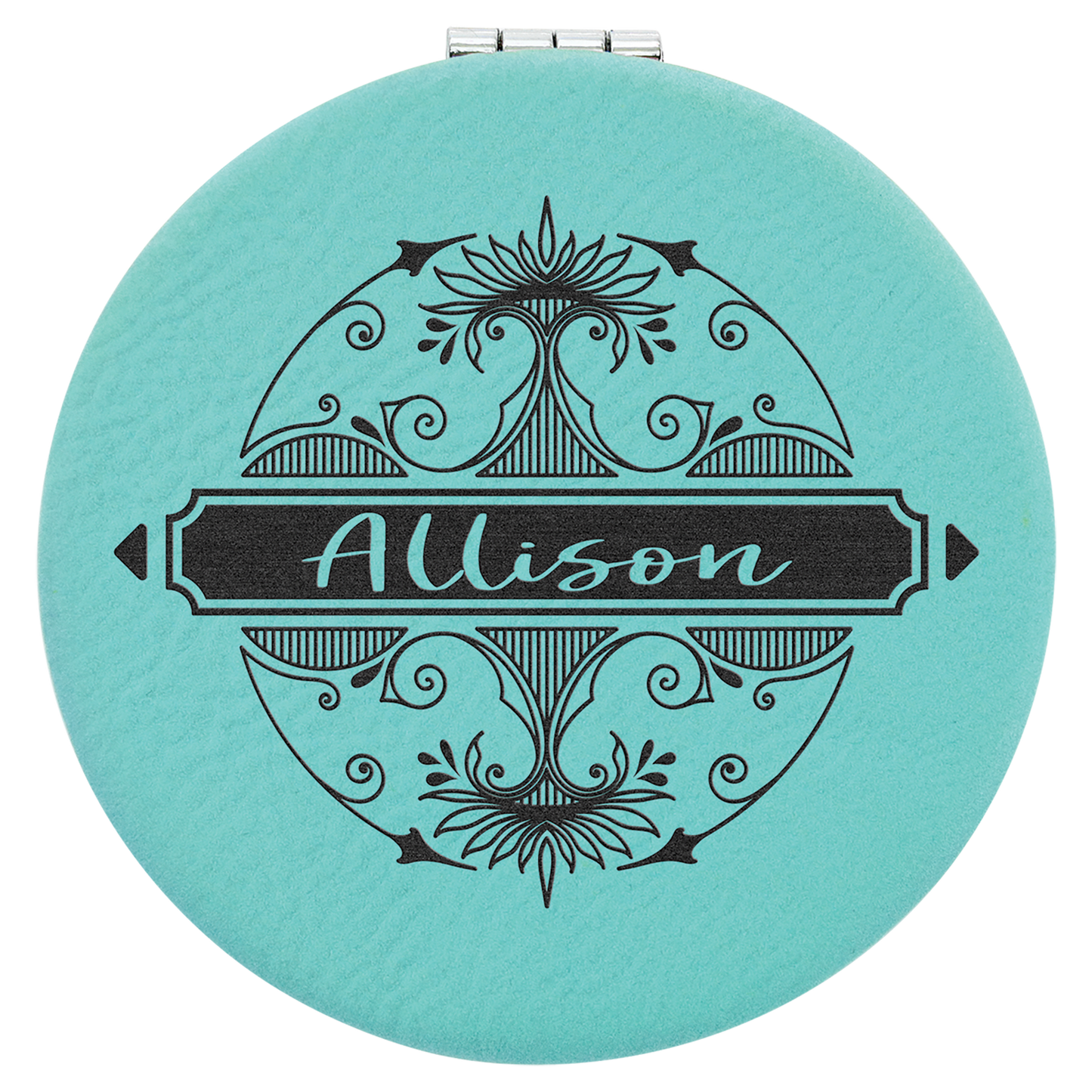 Teal 2 1/2" laser engravable leatherette compact mirror personalized gift