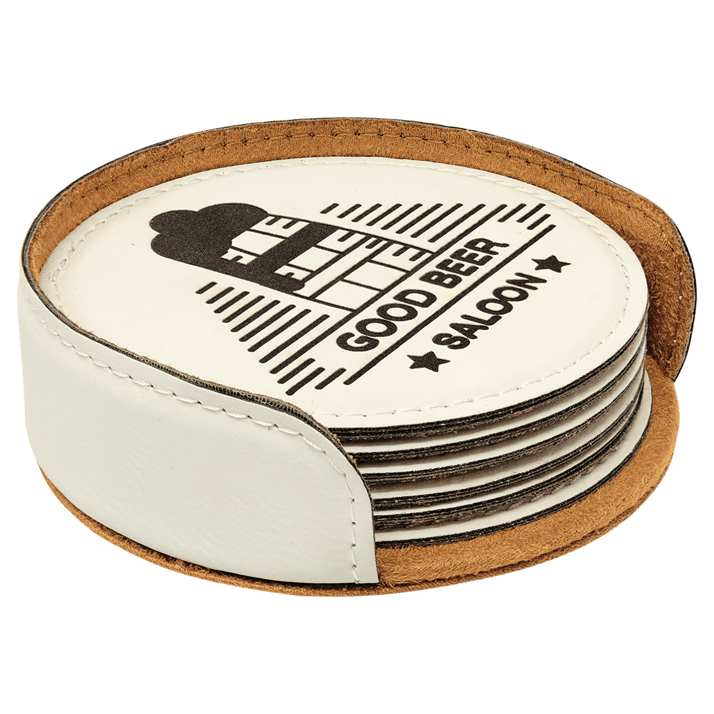 Set of 6 personalized 4 inch round leatherette coasters with custom engraved name or monogram