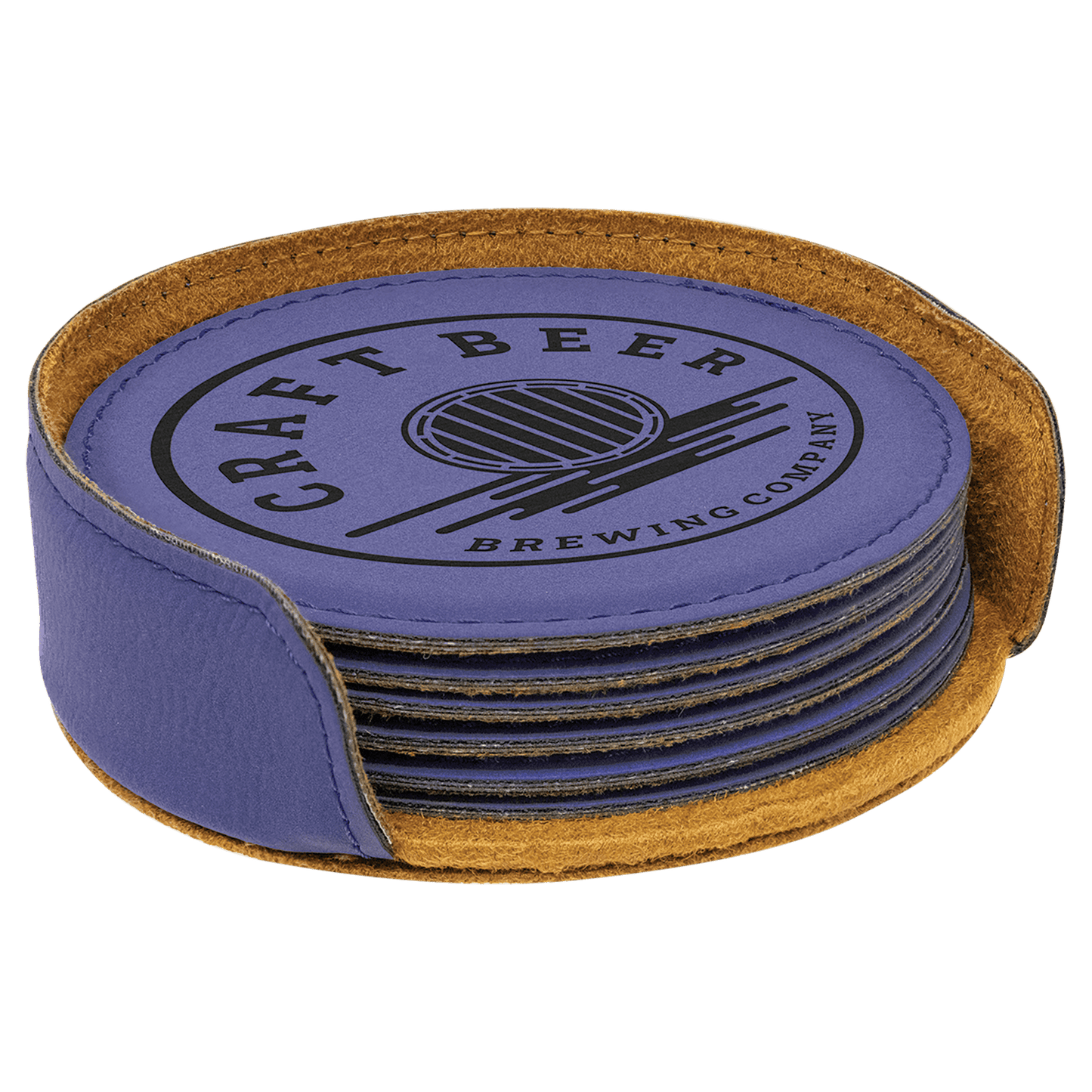 Set of 6 personalized 4 inch round leatherette coasters with custom engraved name or monogram