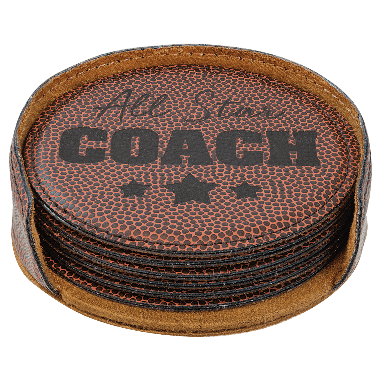 Set of 6 personalized 4 inch round leatherette coasters with custom engraved name or monogram