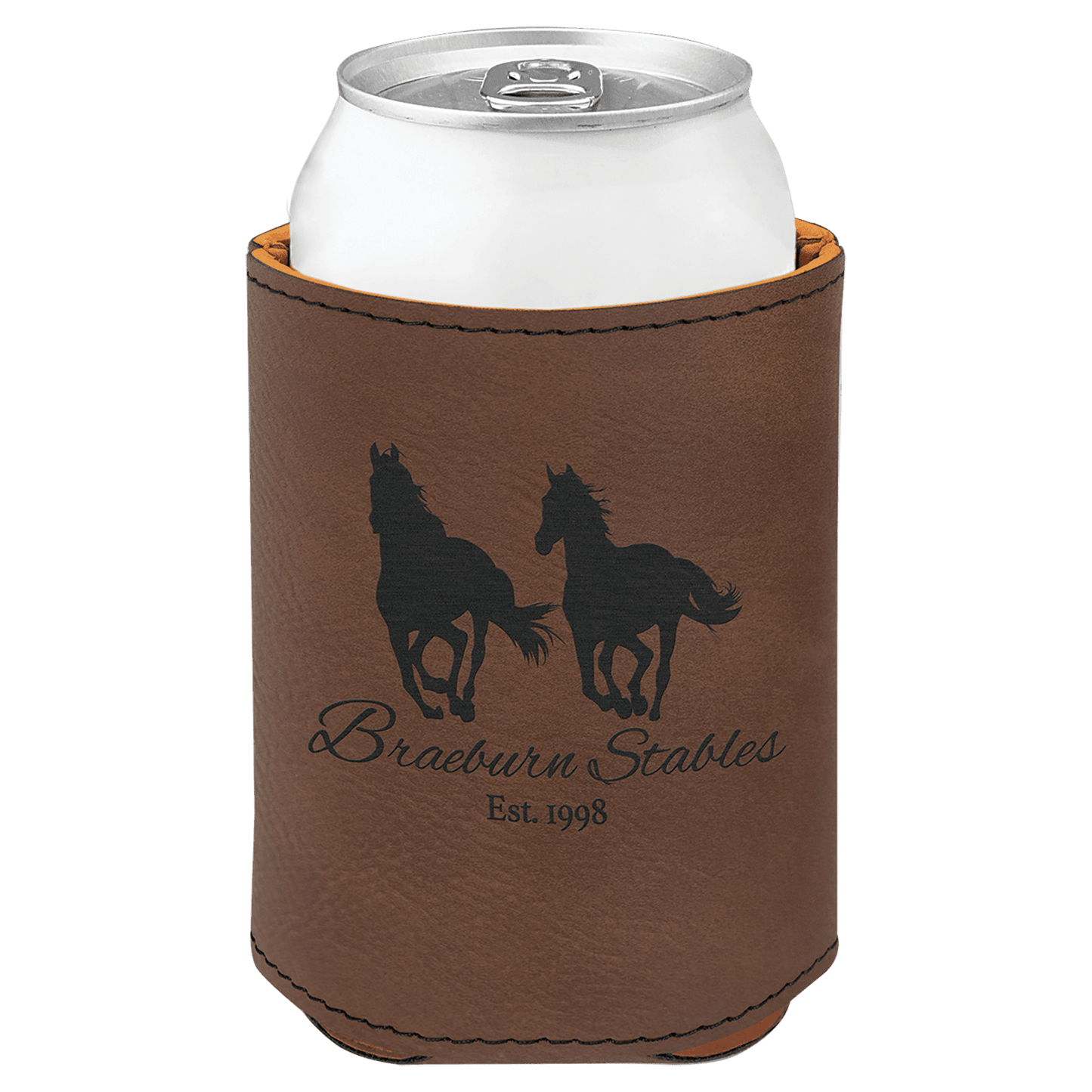 Personalized 3.75 inch leatherette can beverage holder with custom engraved name or monogram