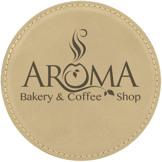 Personalized 4 inch round leatherette coaster with custom engraved name or monogram
