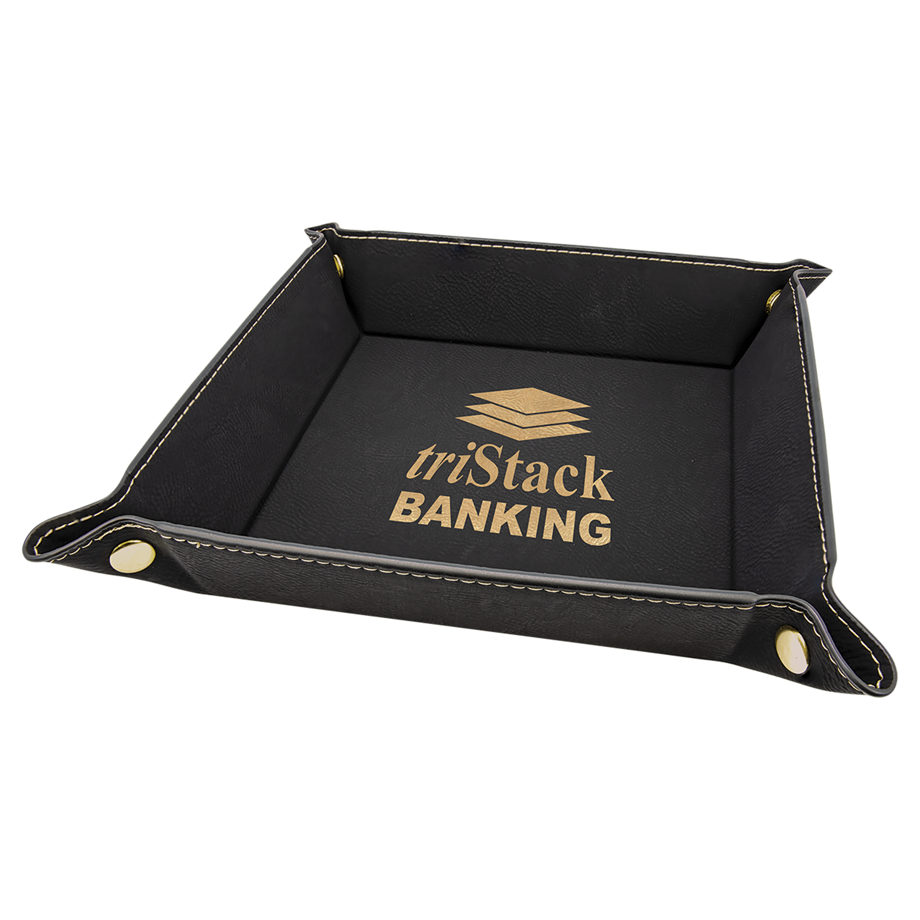Black/Gold Laserable Leatherette Snap Up Tray with Gold 6" x 6" laser engravable leatherette tray personalized gift