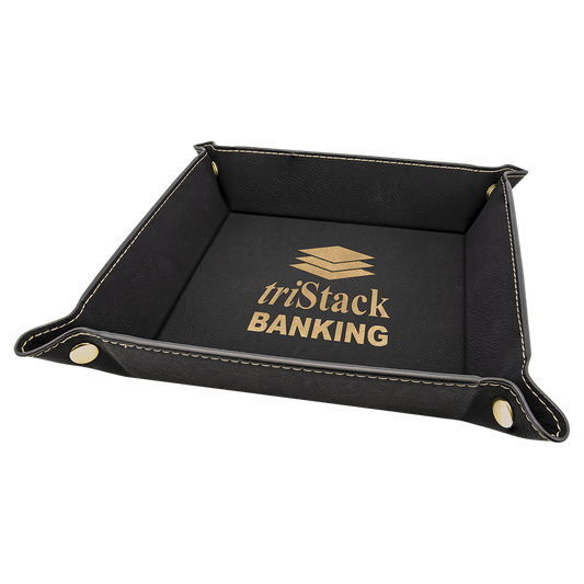 Black/Gold Laserable Leatherette Snap Up Tray with Gold 6" x 6" laser engravable leatherette tray personalized gift