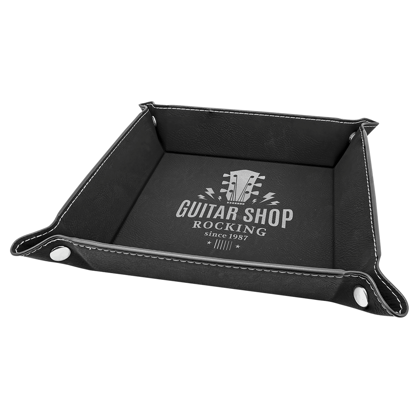 Black/Silver Laserable Leatherette Snap Up Tray with Silver 6" x 6" laser engravable leatherette tray personalized gift