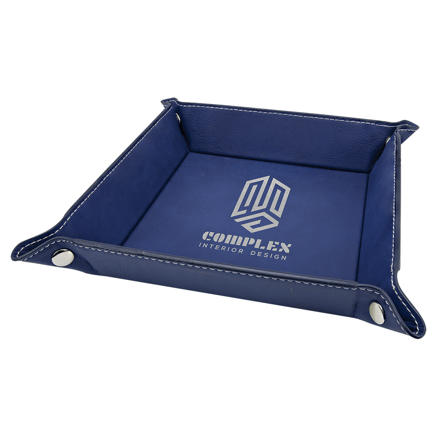 Blue/Silver Laserable Leatherette Snap Up Tray with Silver 6" x 6" laser engravable leatherette tray personalized gift