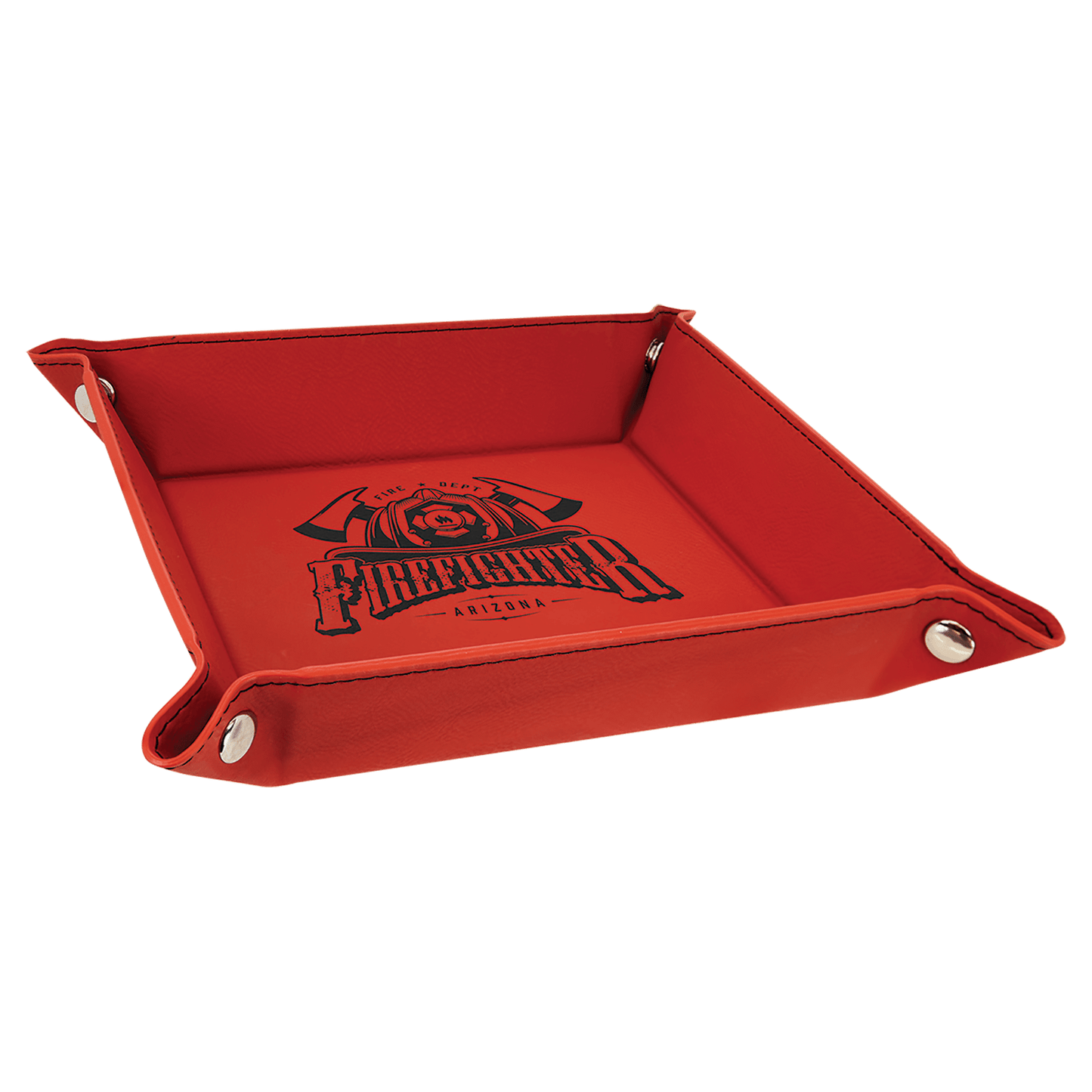 Red Laserable Leatherette Snap Up Tray with Silver 6" x 6" laser engravable leatherette tray personalized gift