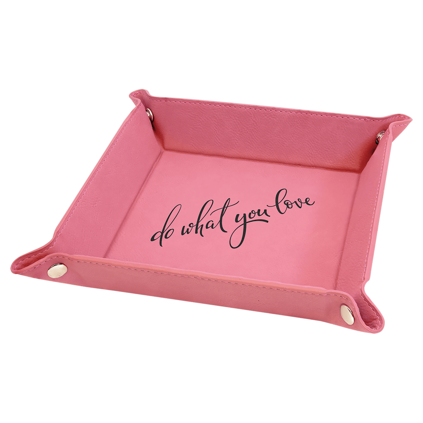 Pink Laserable Leatherette Snap Up Tray with Silver 6" x 6" laser engravable leatherette tray personalized gift