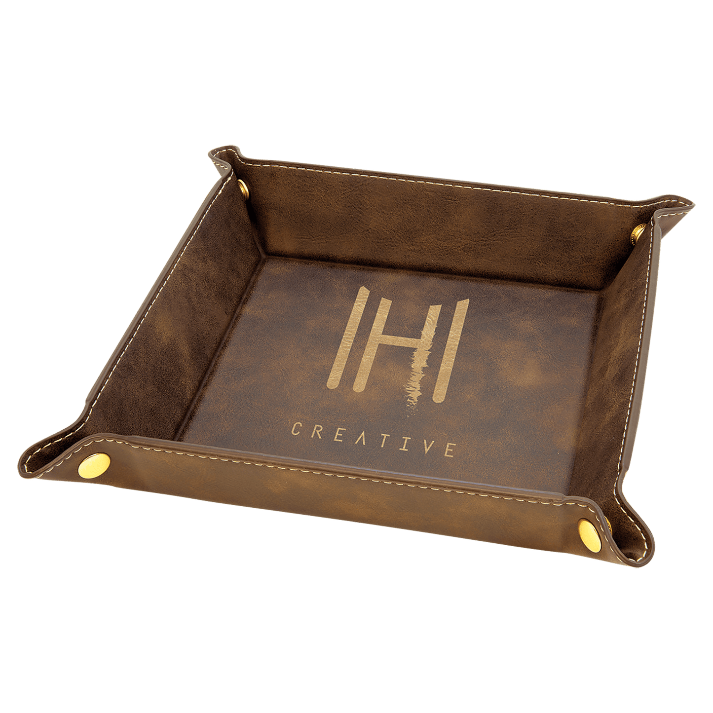 Rustic/Gold Laserable Leatherette Snap Up Tray with Gold 6" x 6" laser engravable leatherette tray personalized gift