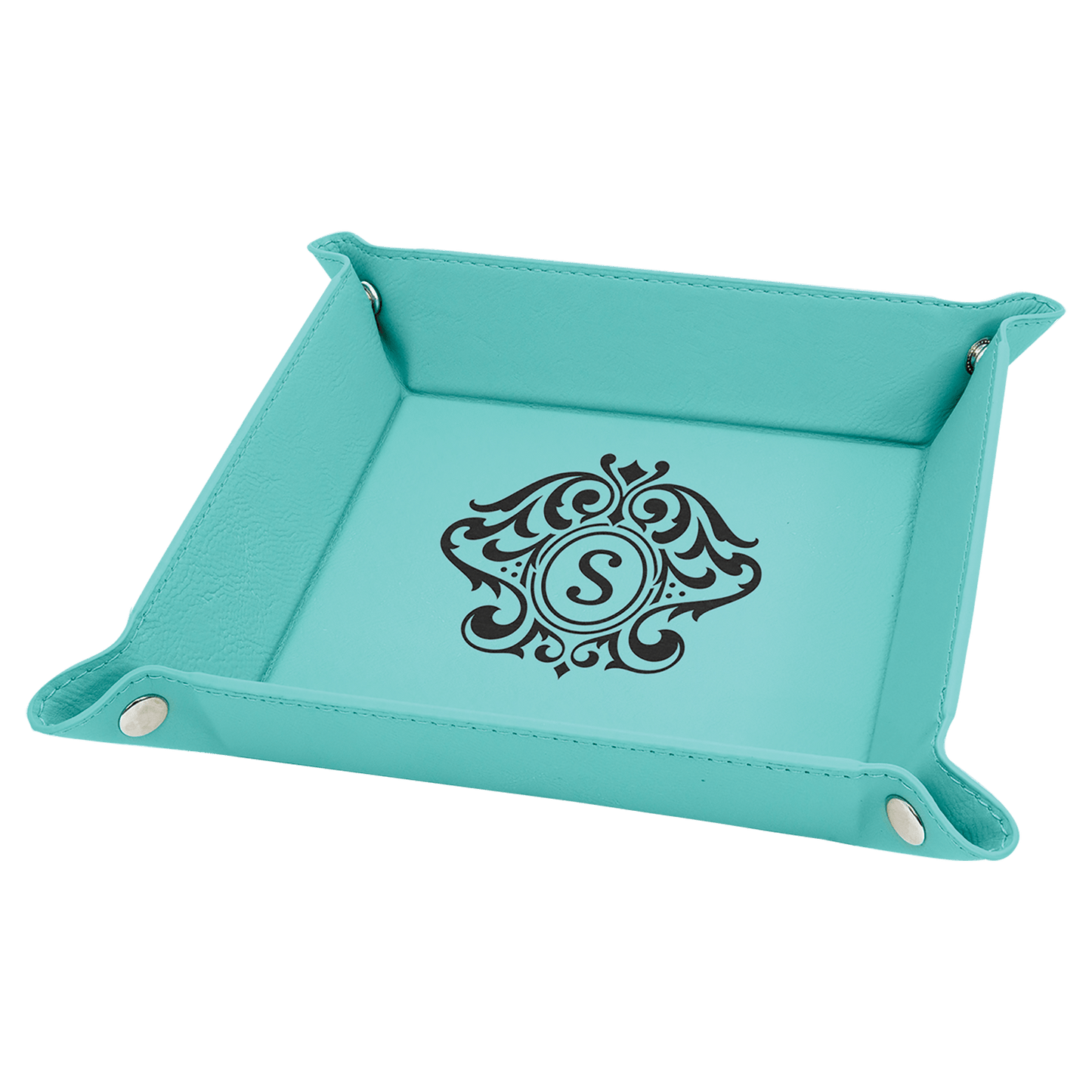 Teal Laserable Leatherette Snap Up Tray with Silver 6" x 6" laser engravable leatherette tray personalized gift