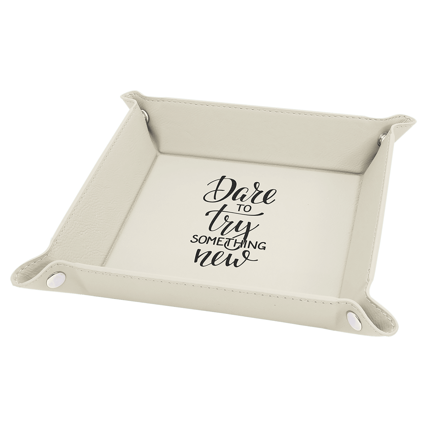 White Laserable Leatherette Snap Up Tray with Silver 6" x 6" laser engravable leatherette tray personalized gift