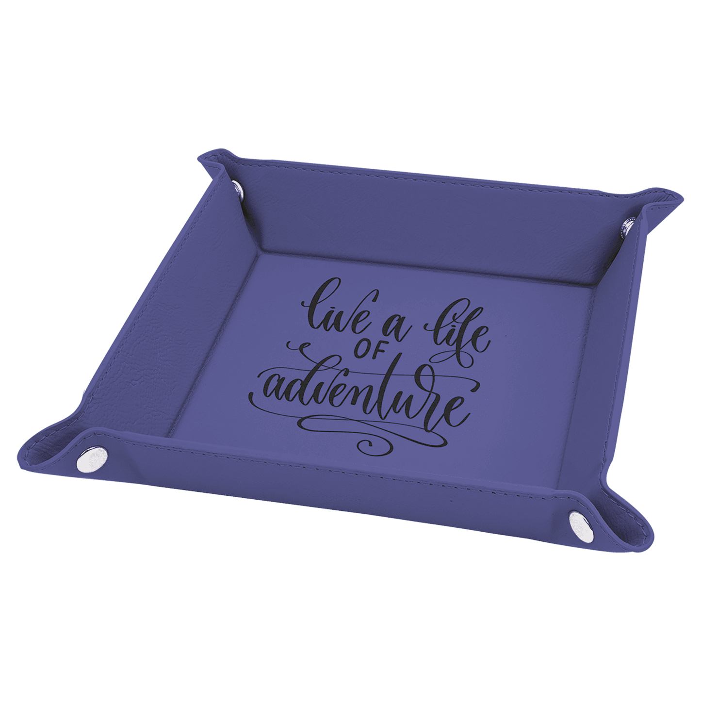 Purple Laserable Leatherette Snap Up Tray with Silver 6" x 6" laser engravable leatherette tray personalized gift