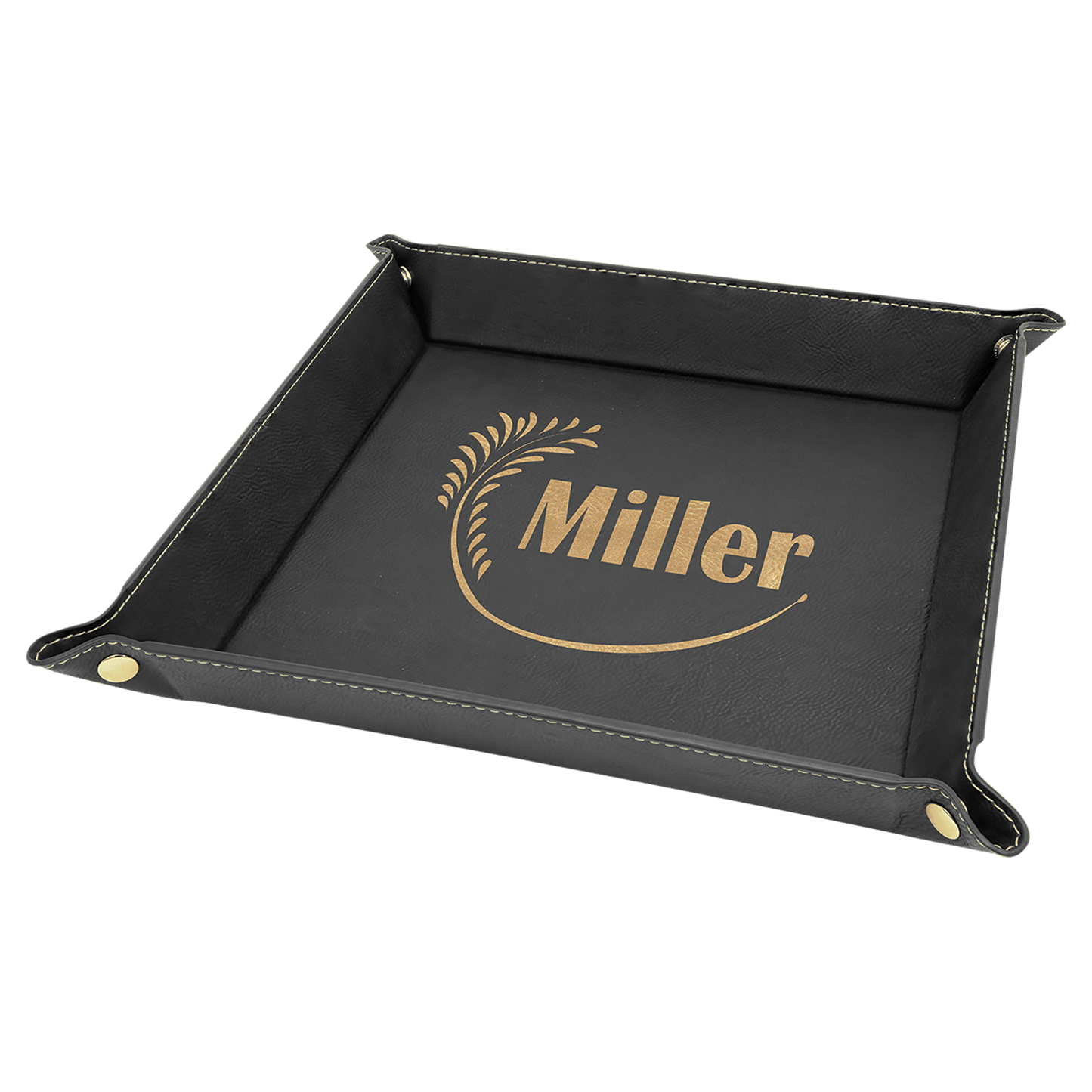 9" x 9" Black/Gold Laserable Leatherette Snap Up Tray with Gold Snaps