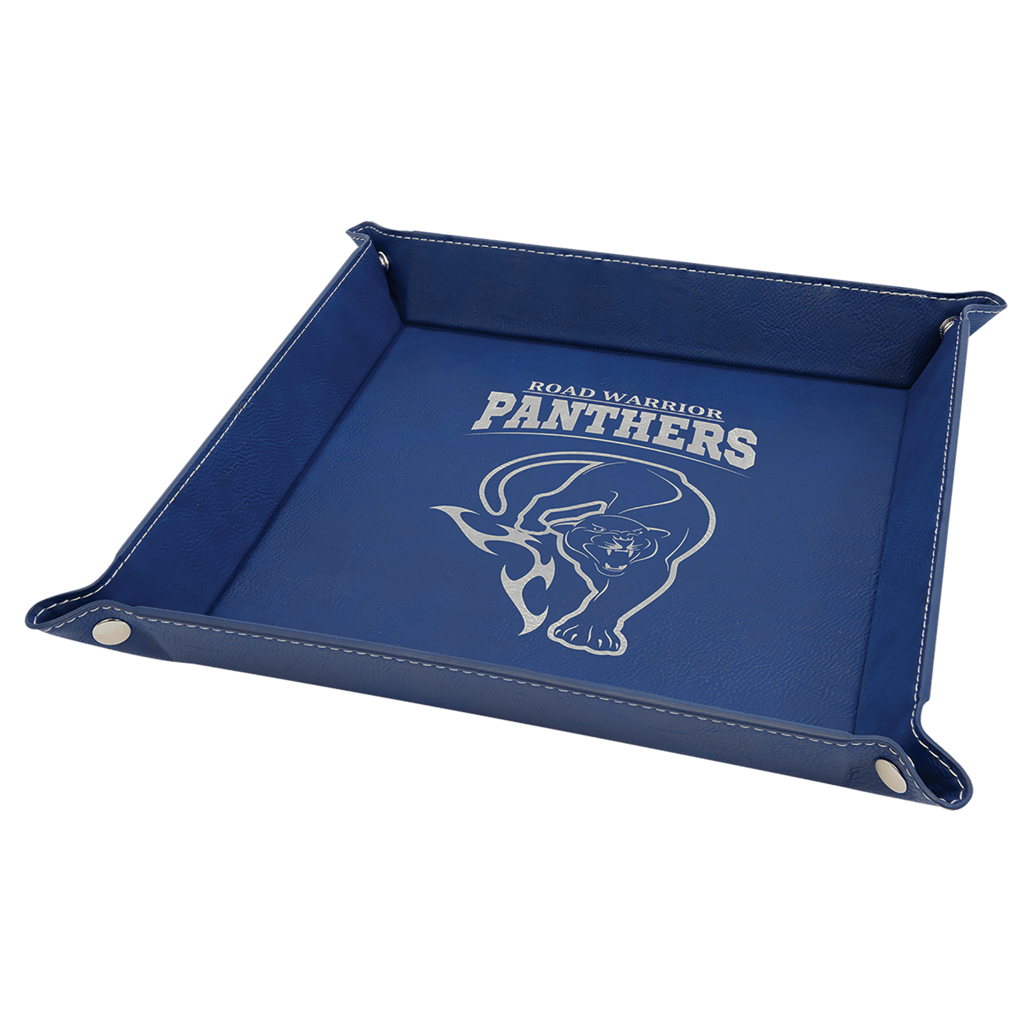 9" x 9" Blue/Silver Laserable Leatherette Snap Up Tray with Silver Snaps