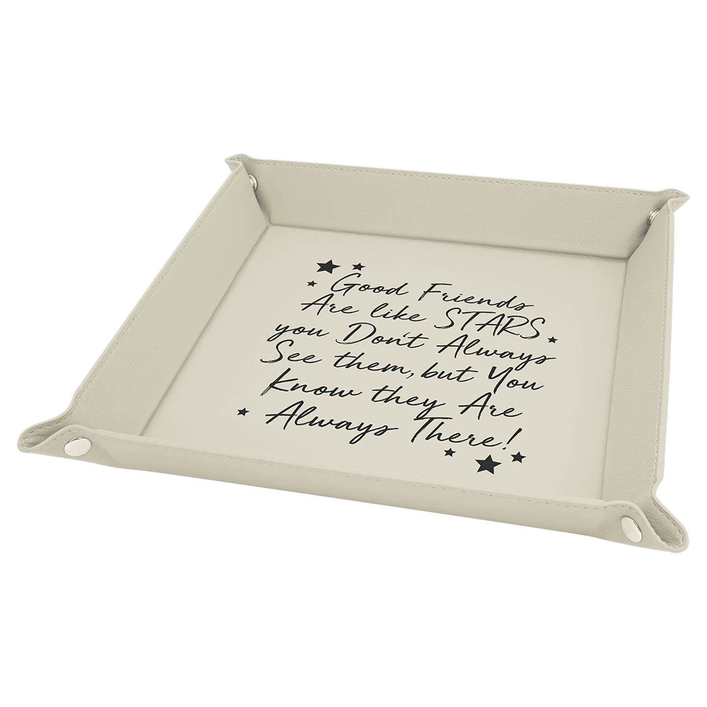 9" x 9" White/Black Laserable Leatherette Snap Up Tray with Silver Snaps
