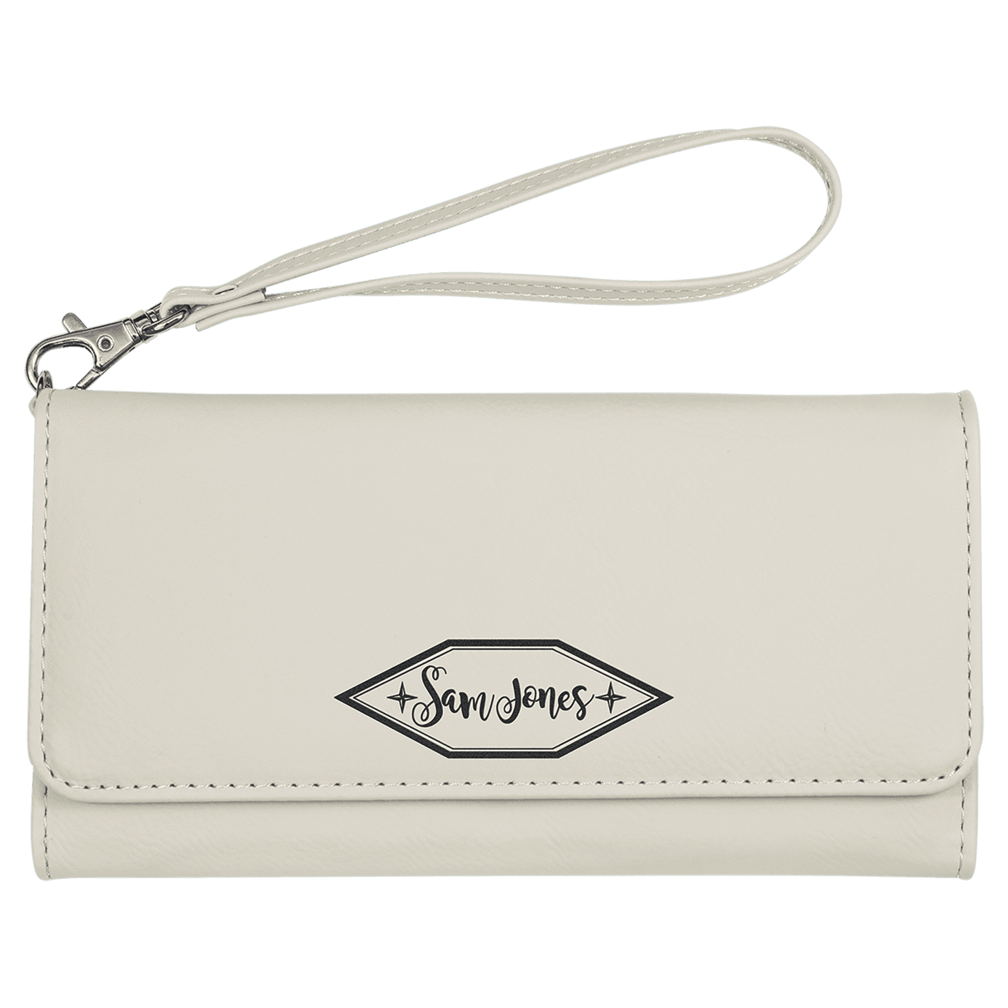7 1/2" x 4" White Laserable Leatherette Wallet with Strap