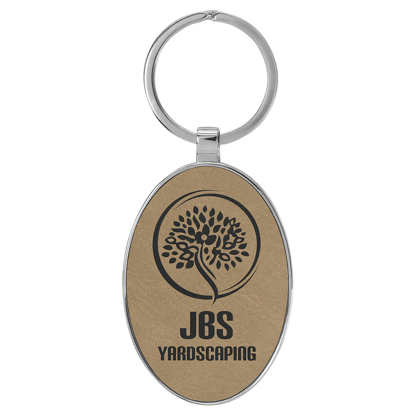 3" x 1 3/4" Laserable Leatherette/Metal Light Brown Oval Keychain
