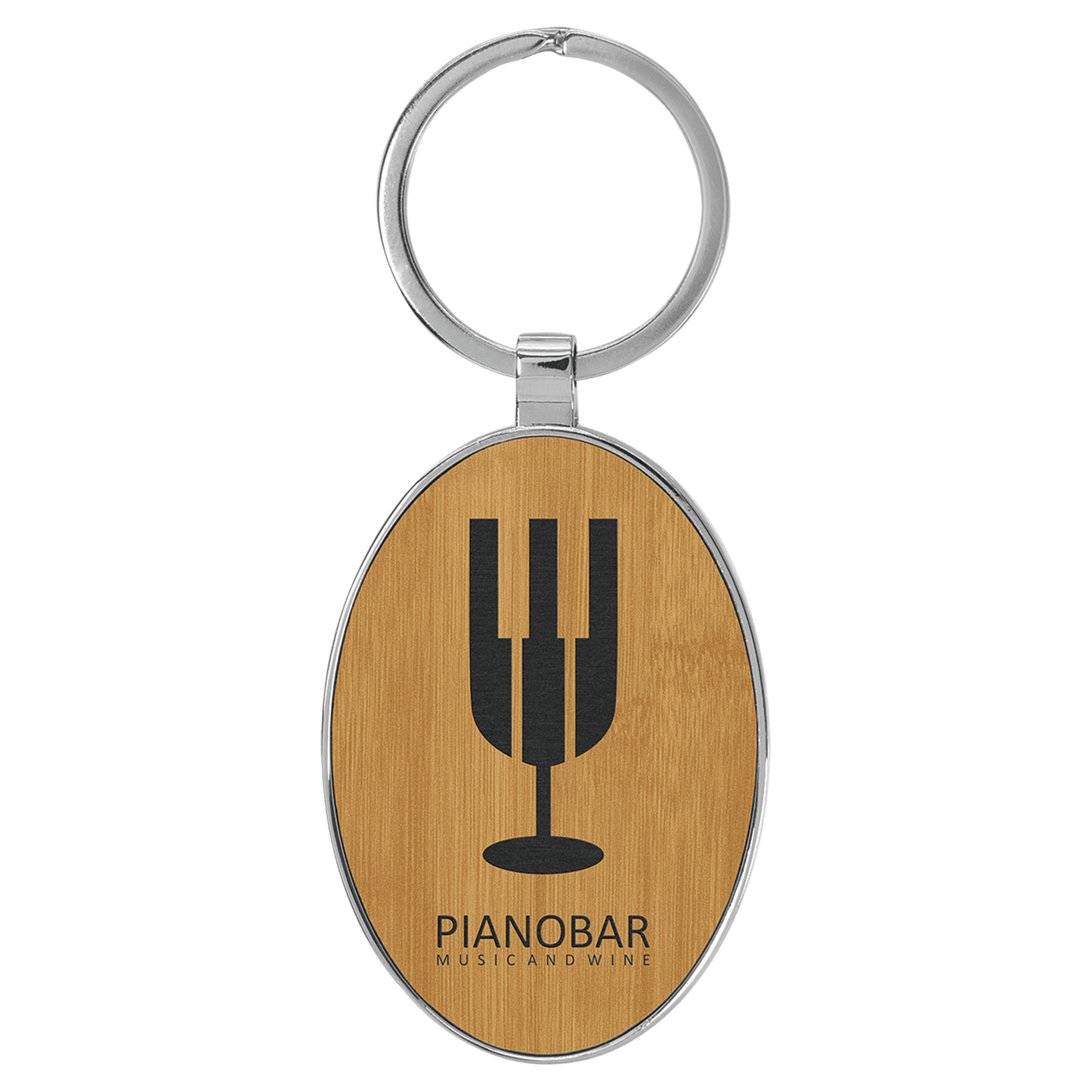 3" x 1 3/4" Laserable Leatherette/Metal Bamboo Oval Keychain