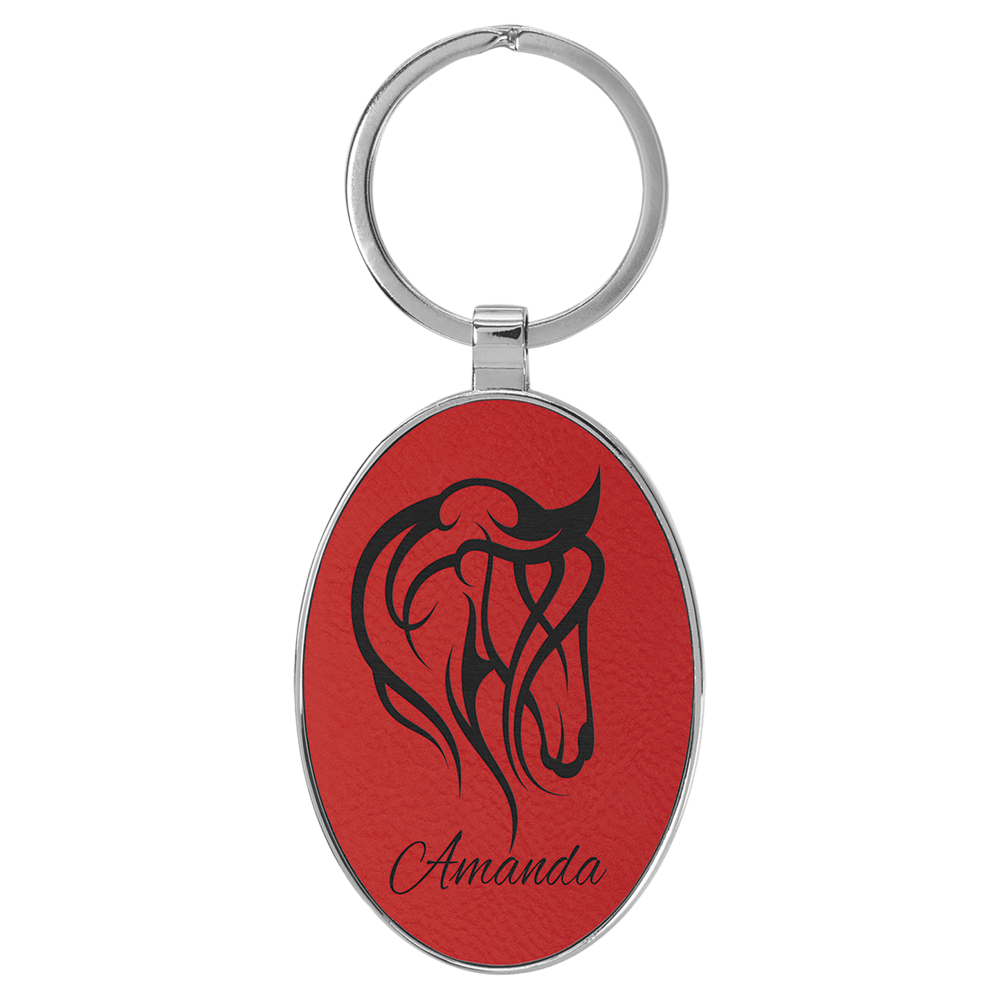 3" x 1 3/4" Laserable Leatherette/Metal Red Oval Keychain
