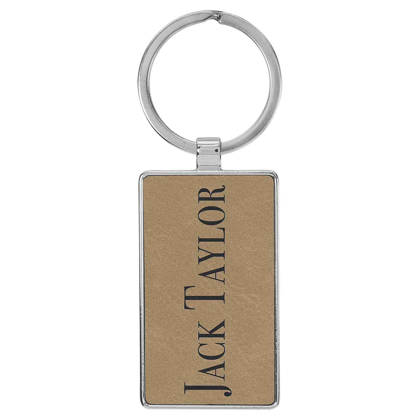 Light Brown 2 3/4" x 1 1/4" Laserable Leatherette/Metal Rectangle Keychain