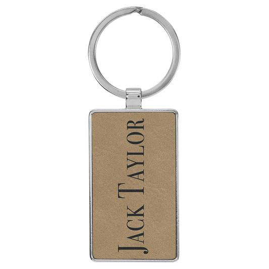 2 3/4" x 1 1/4" Laserable Leatherette/Metal Light Brown Rectangle Keychain
