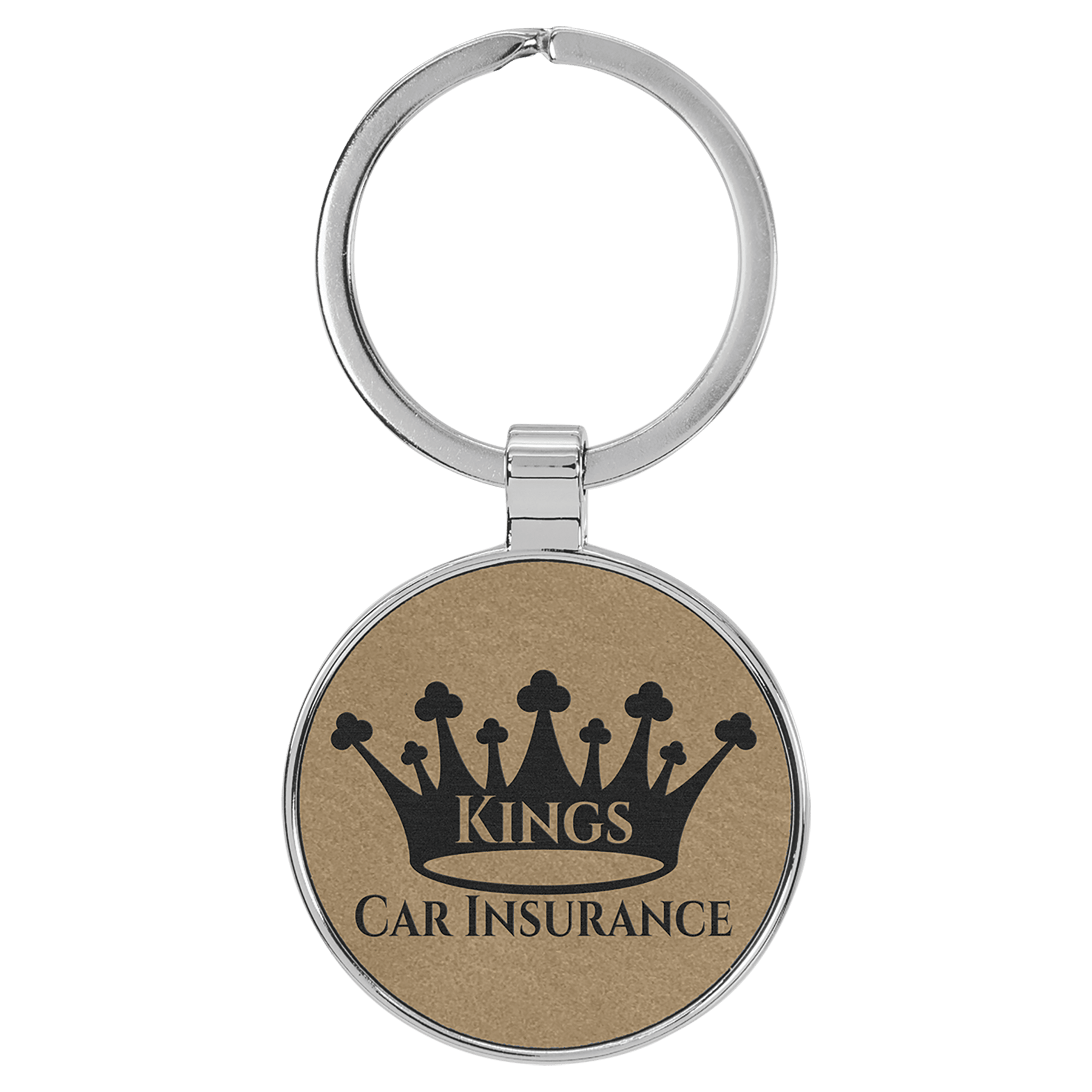 1 1/2" Laserable Leatherette/Metal Light Brown Round Keychain