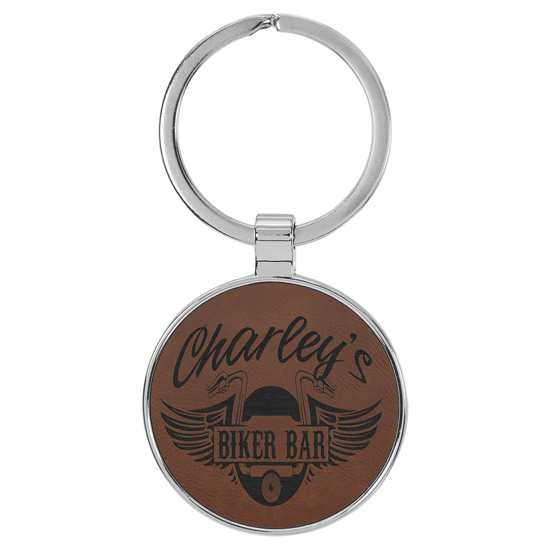 Dark Brown Leatherette/Metal Round Keychain laser engravable personalized