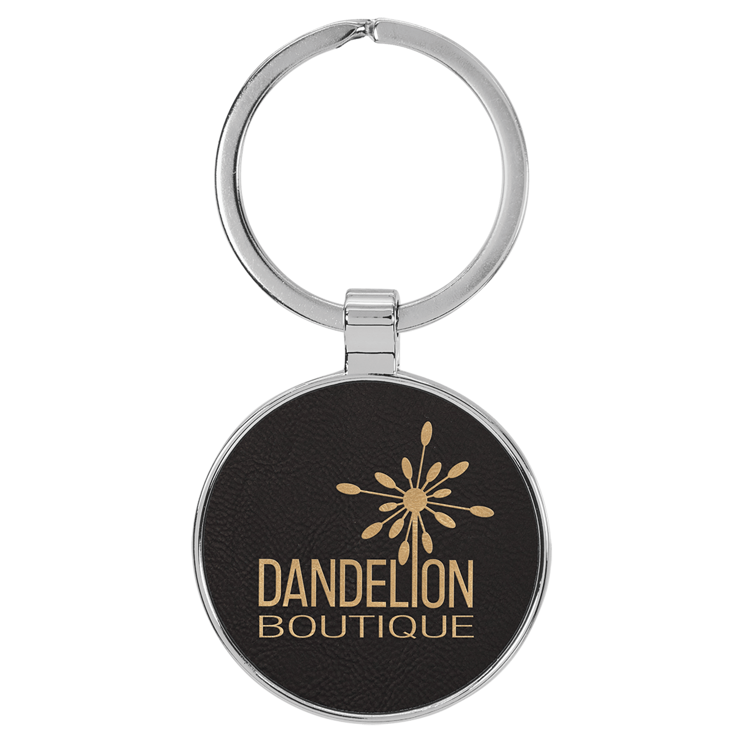 1 1/2" Laserable Leatherette/Metal Black/Gold Round Keychain