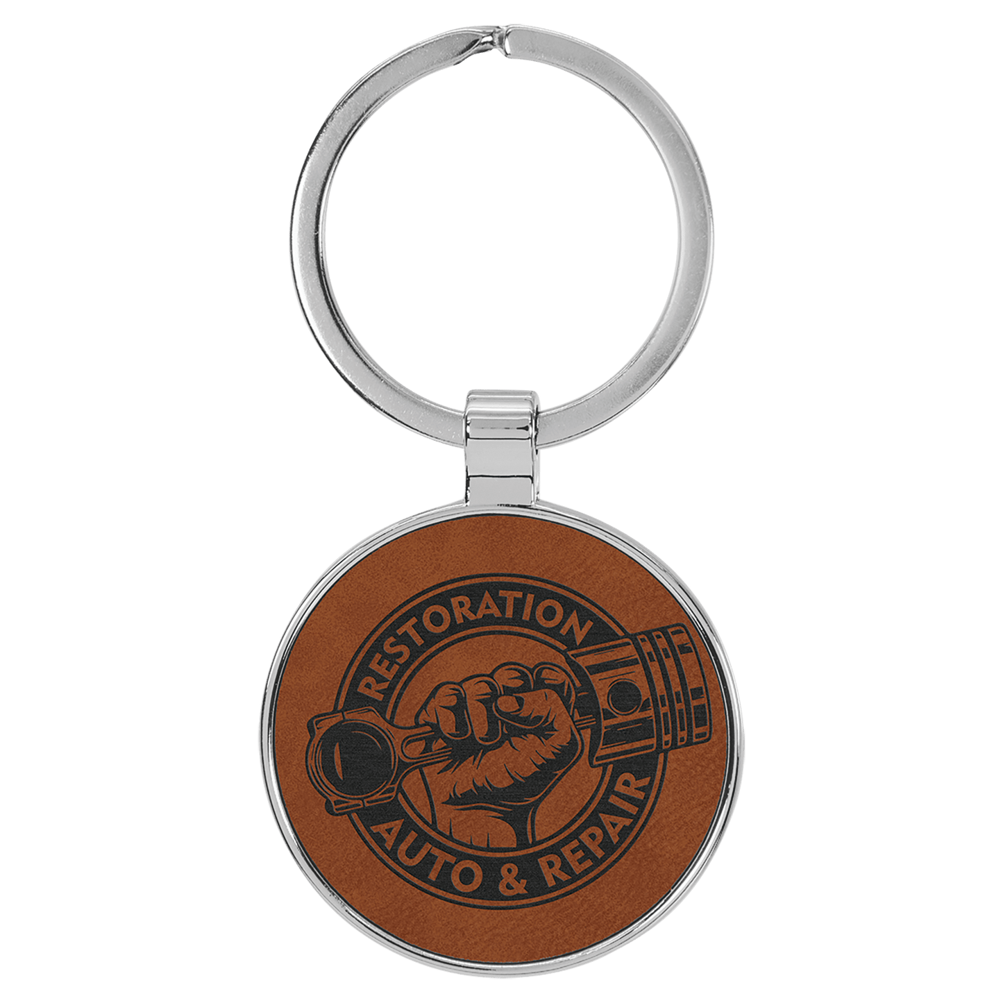 1 1/2" Laserable Leatherette/Metal Rawhide Round Keychain