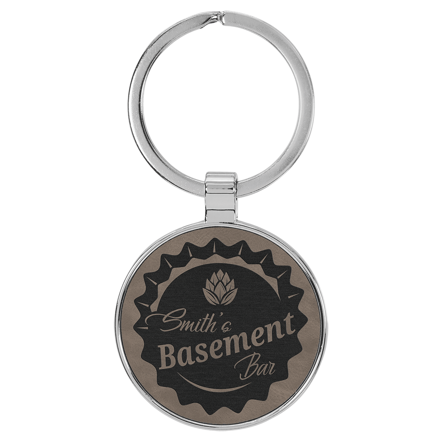 Gray laser engravable leatherette round keychain personalized gift