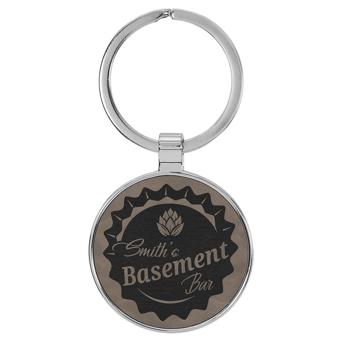 1 1/2" Laserable Leatherette/Metal Gray Round Keychain