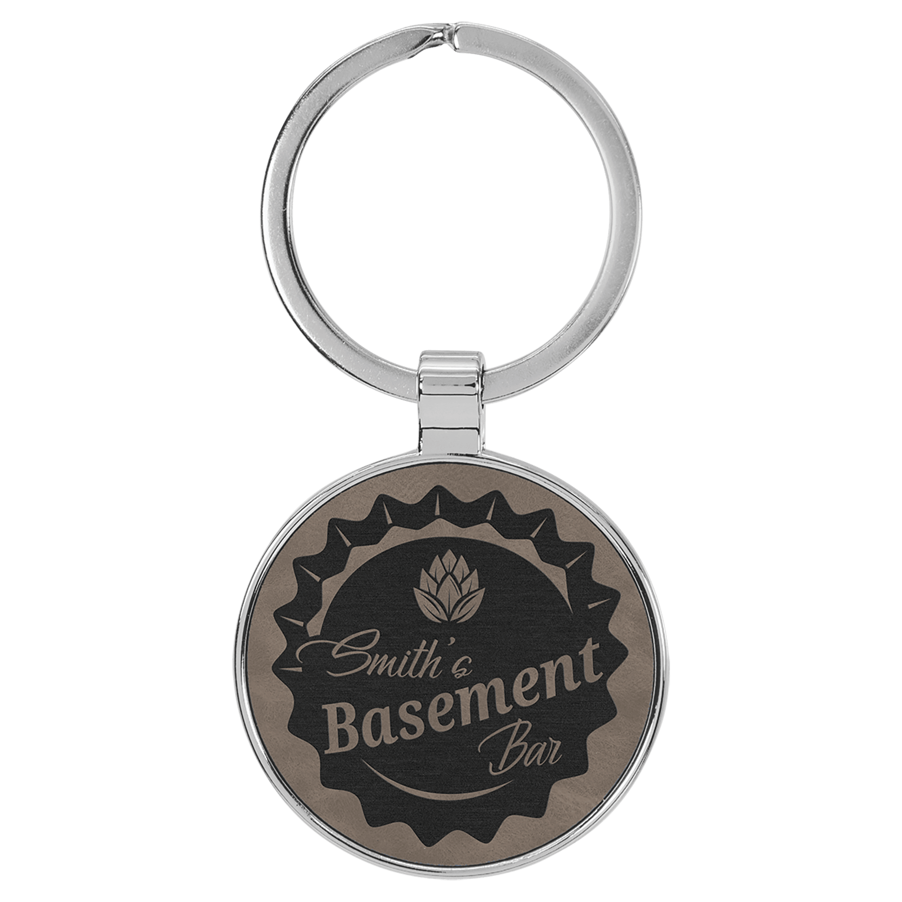 Gray Leatherette/Metal Round Keychain laser engravable personalized