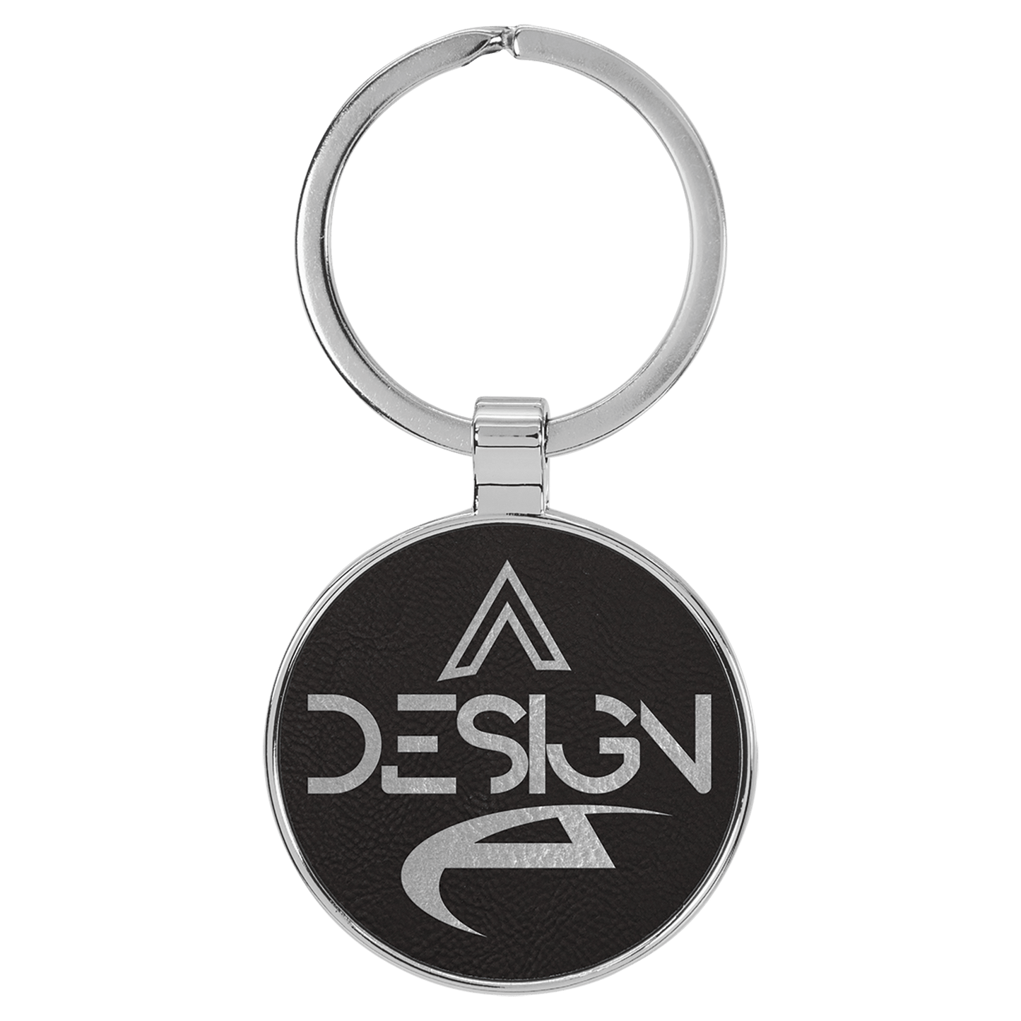 1 1/2" Laserable Leatherette/Metal Black/Silver Round Keychain