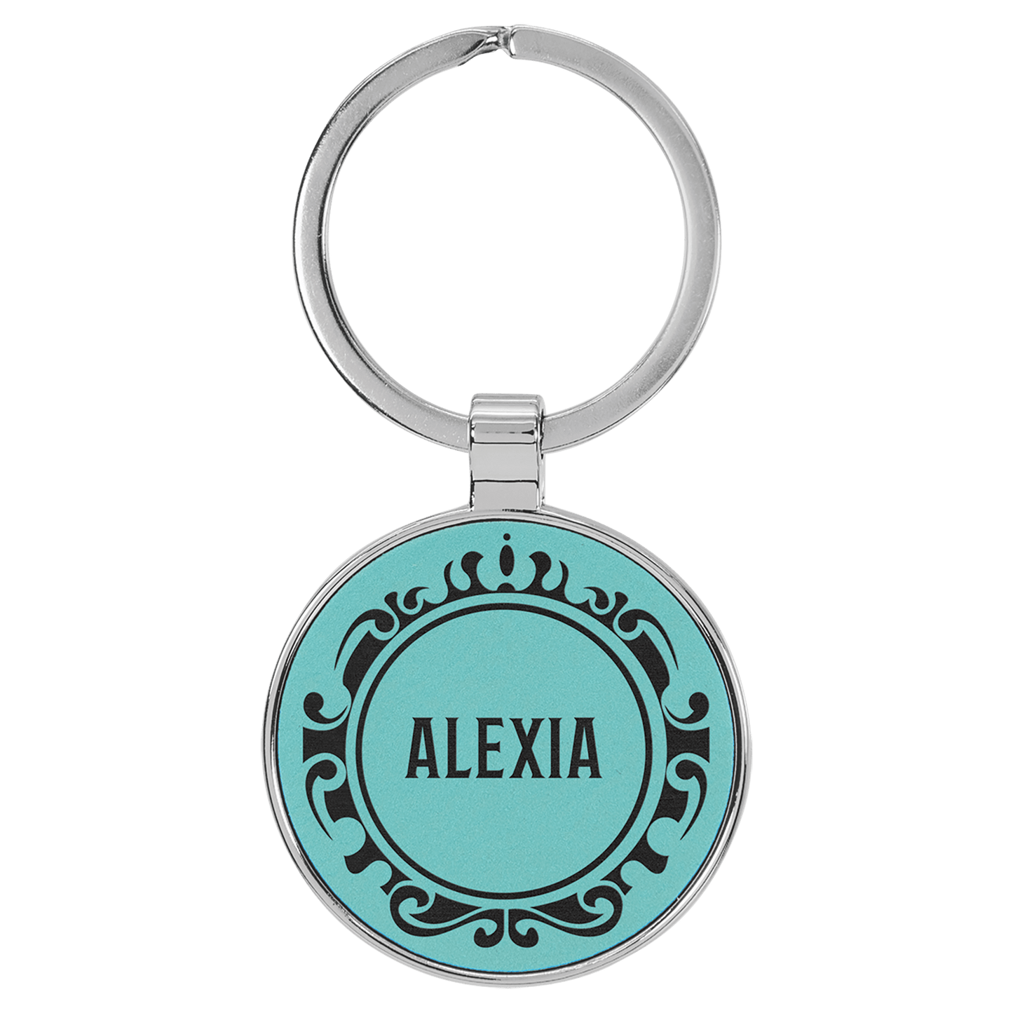 1 1/2" Laserable Leatherette/Metal Teal Round Keychain