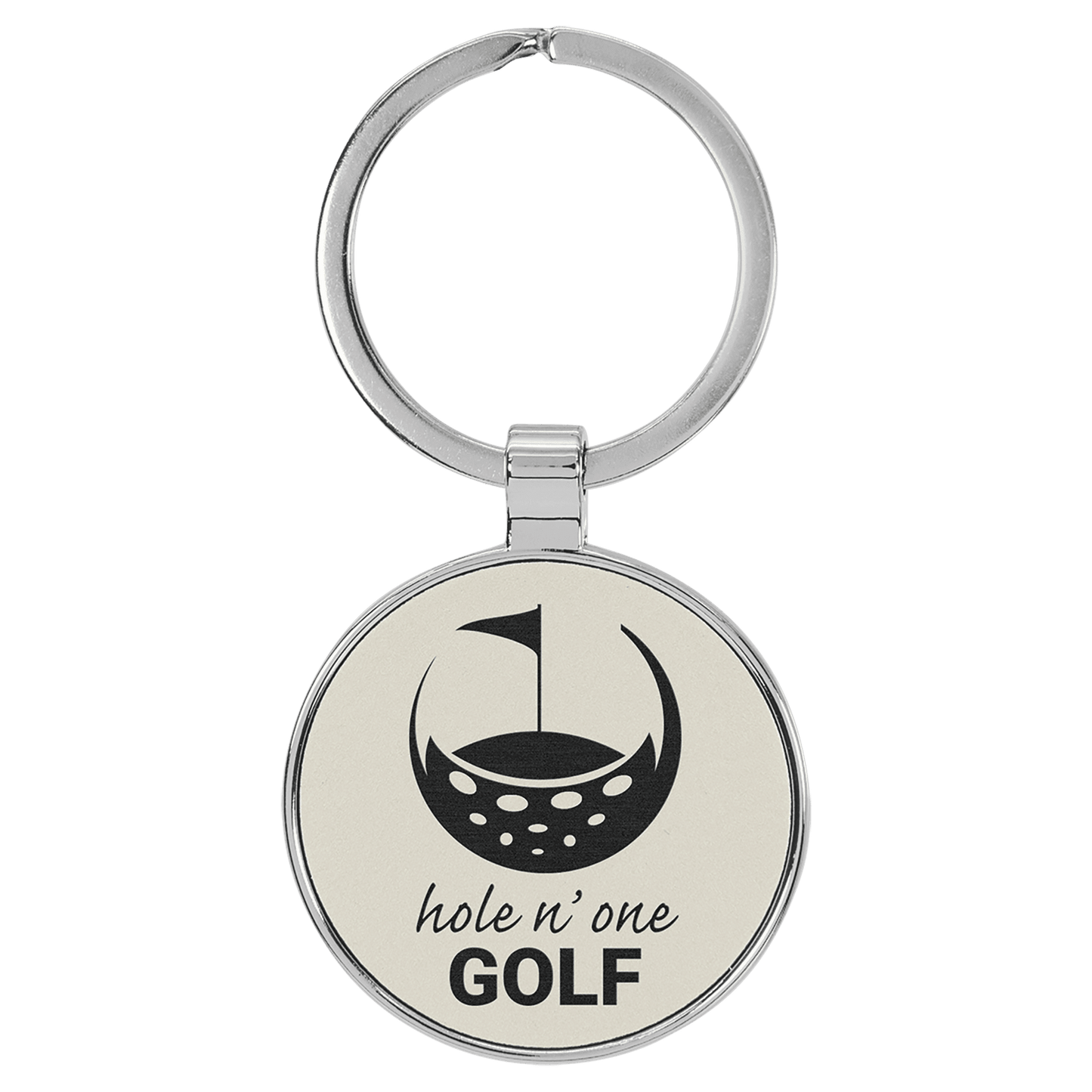 1 1/2" Laserable Leatherette/Metal White Round Keychain