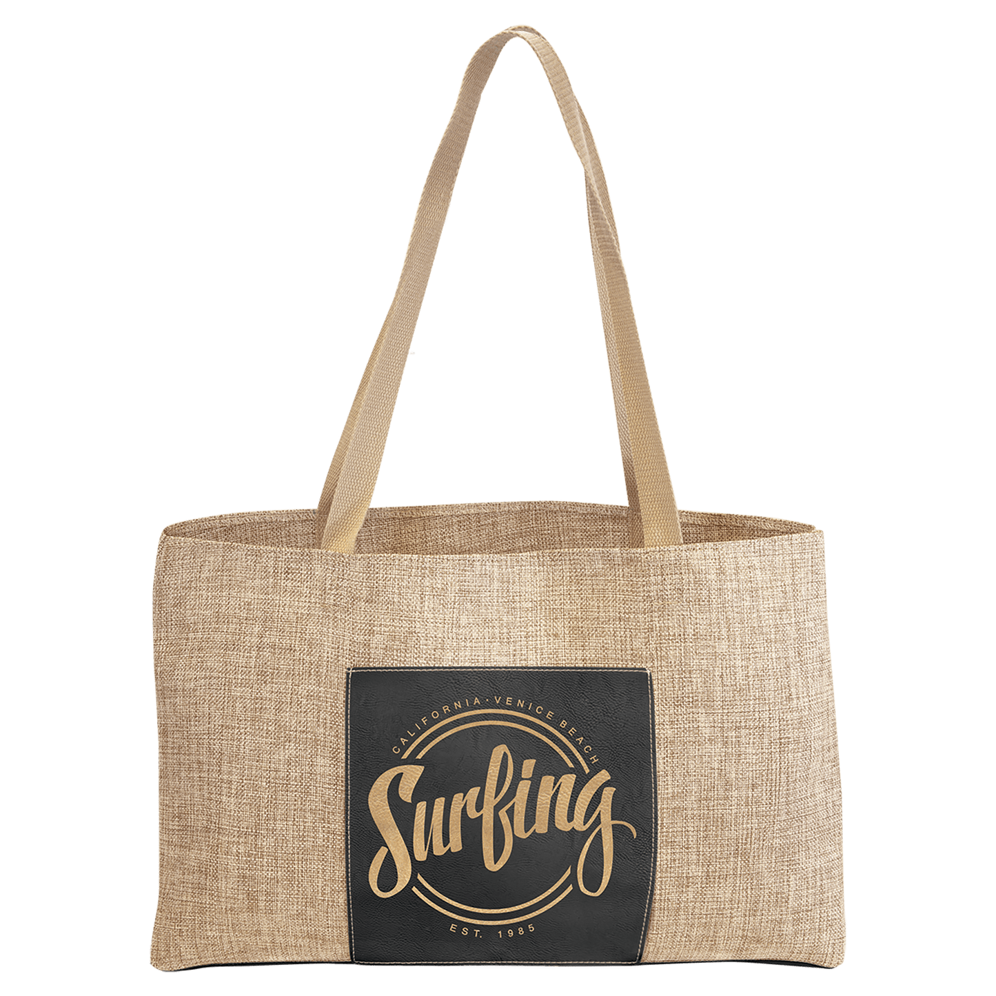 Black/Gold 19" x 12" laser engravable leatherette burlap bag personalized gift